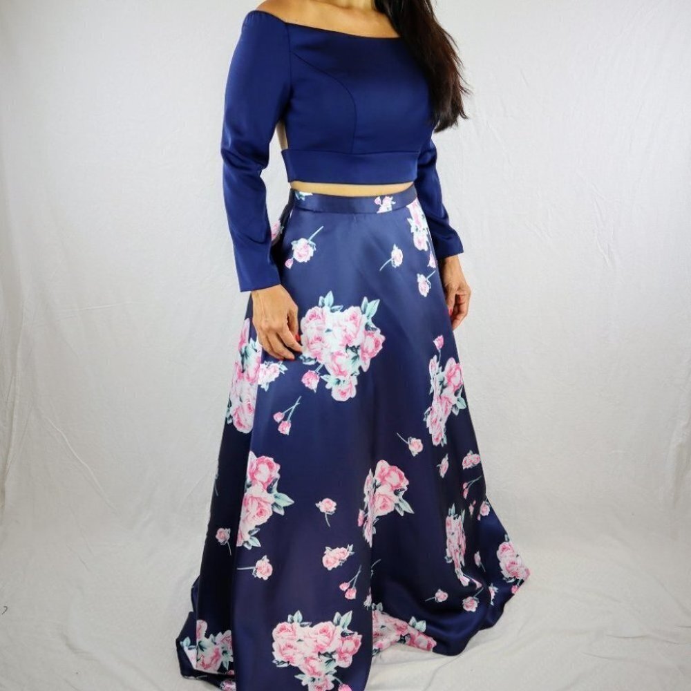 2 Cute Brand Navy Floral Two Piece Formal Gown $469 - Picture 14 of 15